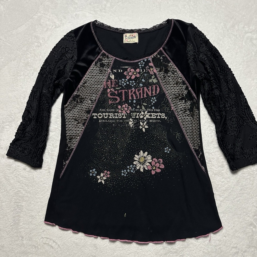 Vintage Edista Y2K Graphic Top Fairycore Grunge The Strand Mesh Lace Velour L